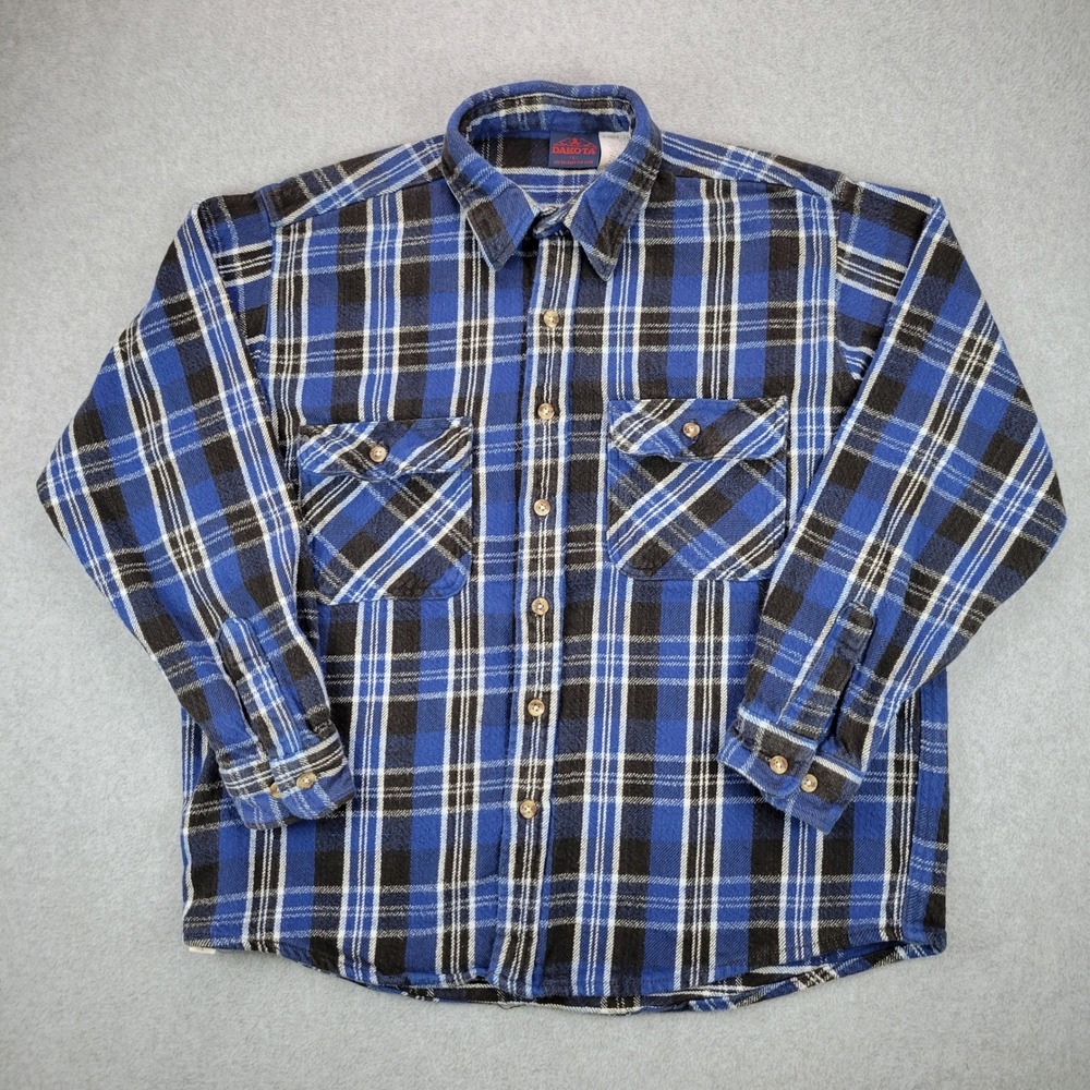 Vintage Dakota Flannel Shirt Mens L‎ Blue Black Plaid Cotton Heavy 90s